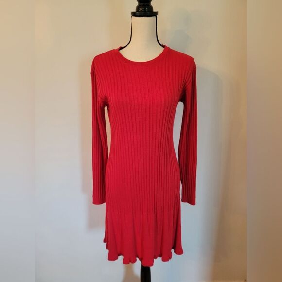 Red knit long sleeve ruffle bottom midi length dress, size S - Picture 1 of 3